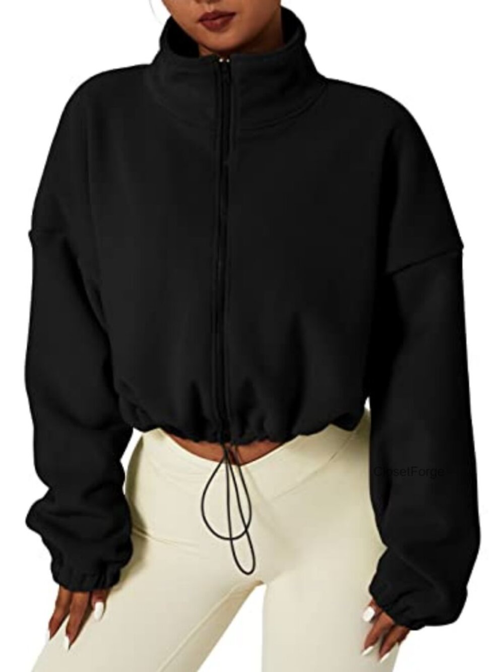 Women's Full Zip Fleece Crop Jacket Winter Warm Stand Collar